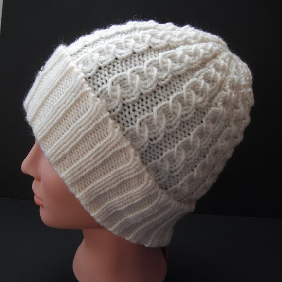 Hand Knitted Hat Toque Adult Size-M-L Acrylic Color White - 031 Hand knit by me - Picture 2 of 8